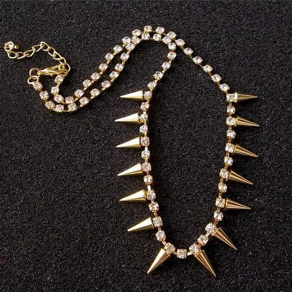Punk Metal Spikes And Rhinestone Necklace For..