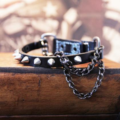 Punk Metal Chain Leather Wristband Bracelet, Punk..