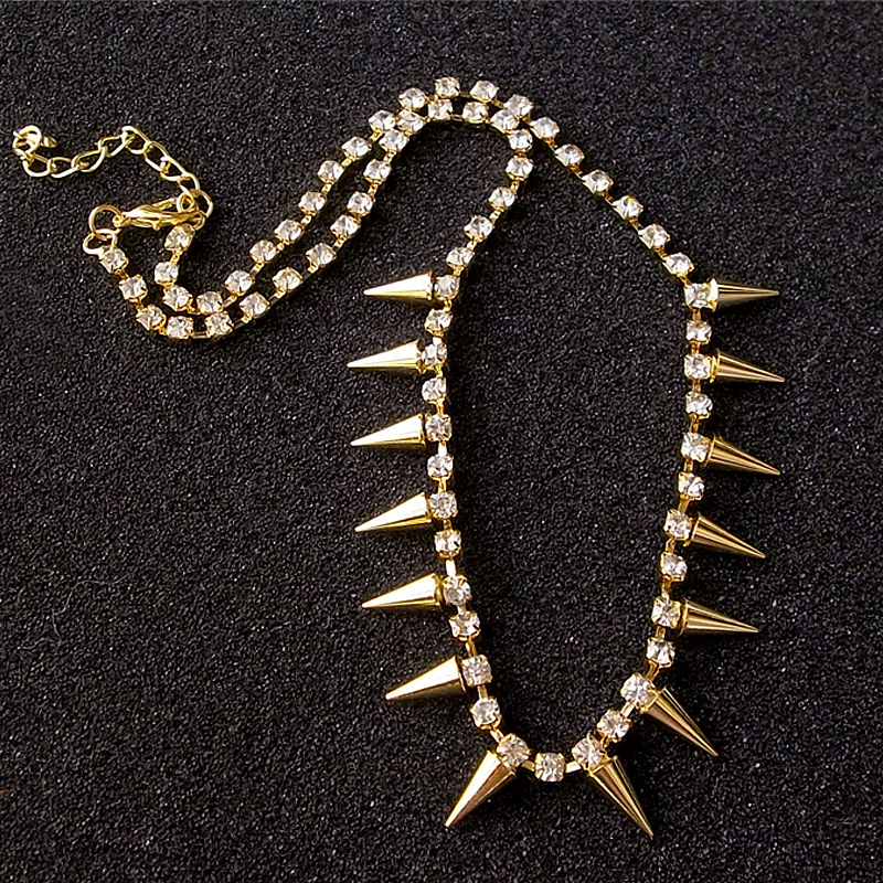 Punk Metal Spikes And Rhinestone Necklace For Ladies, Punk Golden Crystal Spikes Necklace