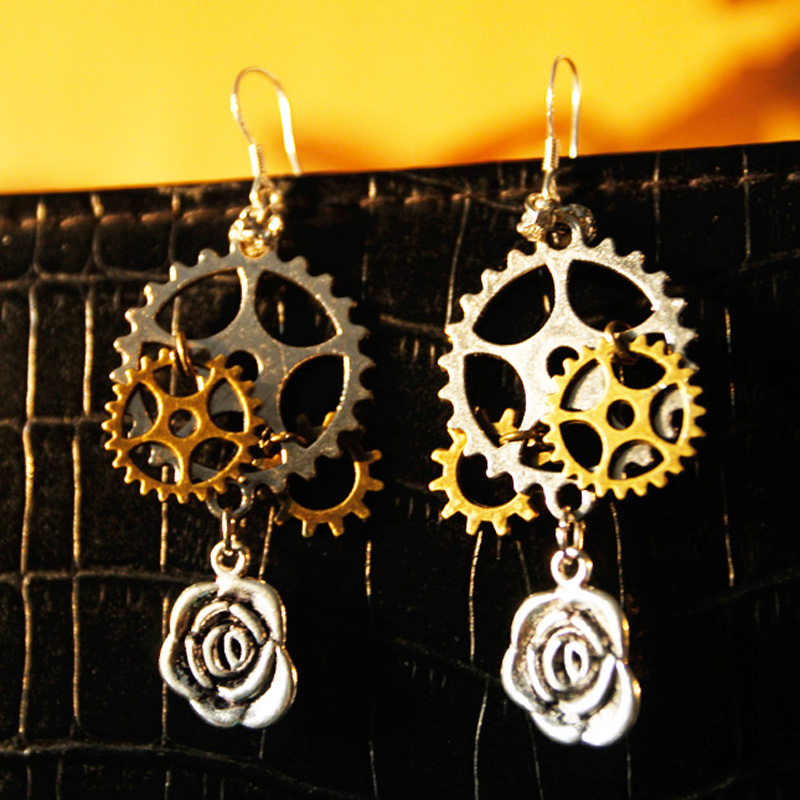 Handcrafted Steampunk Gears&rose Earrings With Silver Ear Wire Hooks